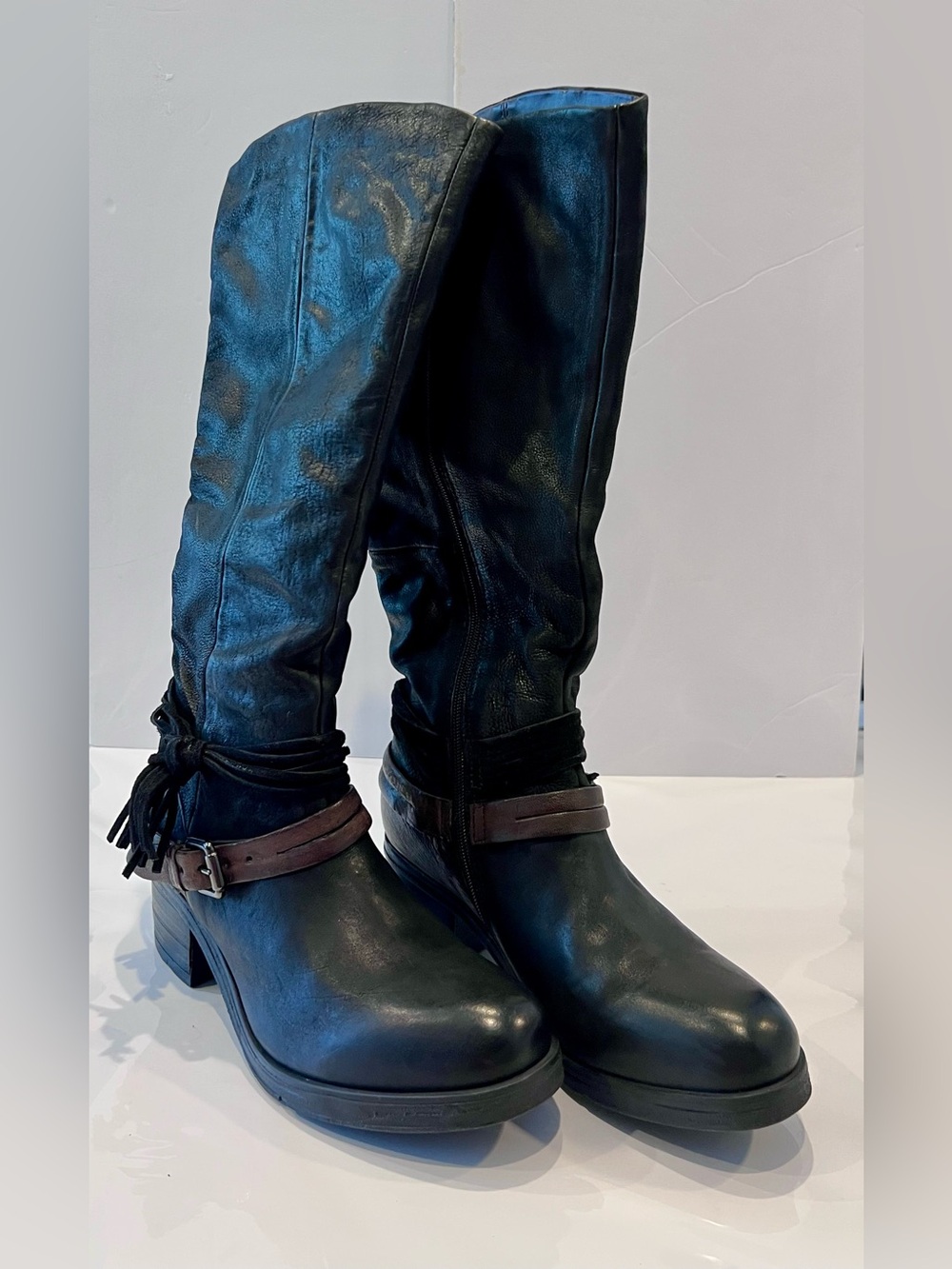 Miz Mooz “Sugar” Black Leather Knee-High Boots with Brown Strap